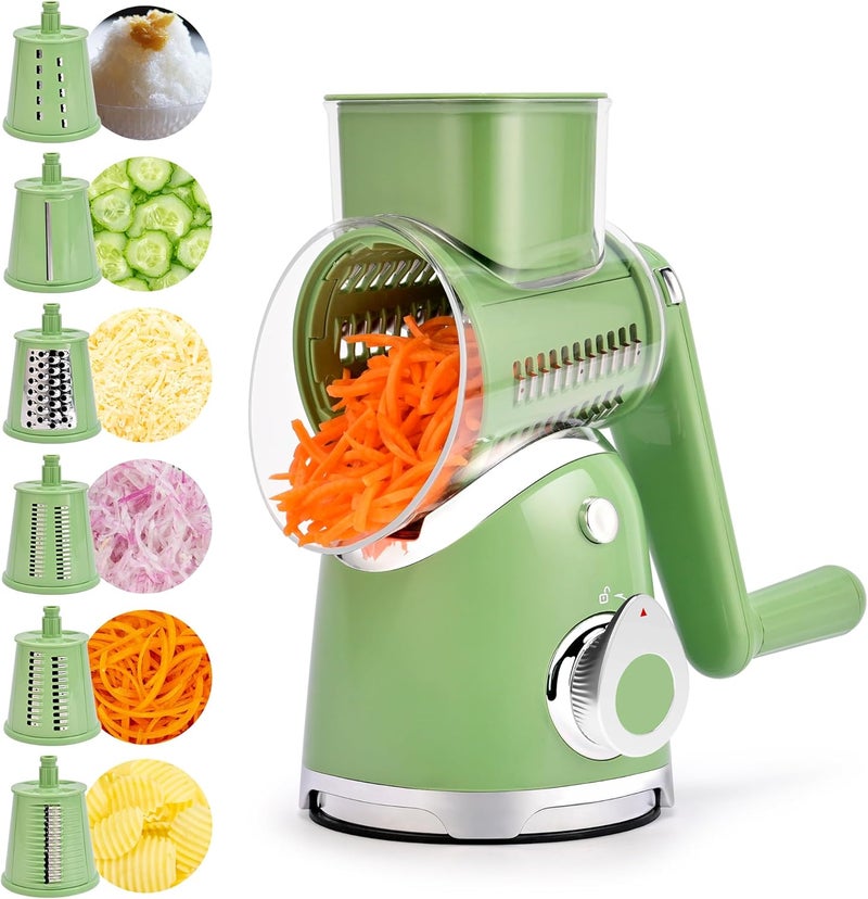 susteas Rotary Cheese Grater with Handle,Vegetable Slicer with 6 Interchangeable Blades, Reinforced Suction,Easy to Clean,Kitchen Chopper for Crushed Ice,Fruits and Nuts with Blade Storage Case,Green - Image 1